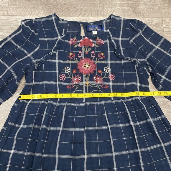 Blue Rain Navy Windowpane Embroidered Floral Long Sleeve Blouse S - Picture 8 of 16